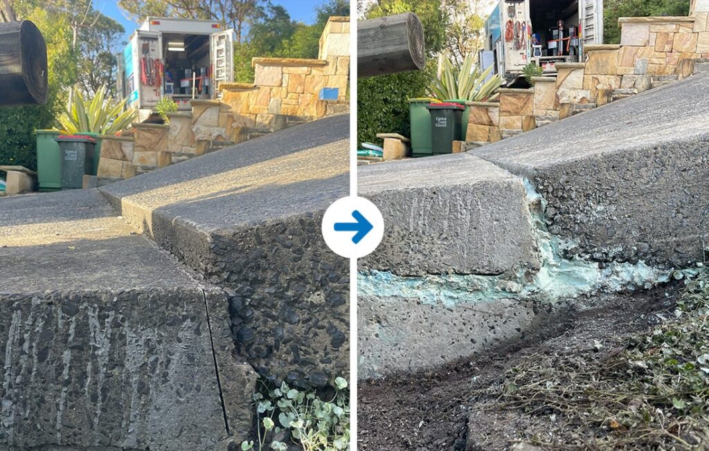 Before-and-after comparison of uneven concrete beside a house