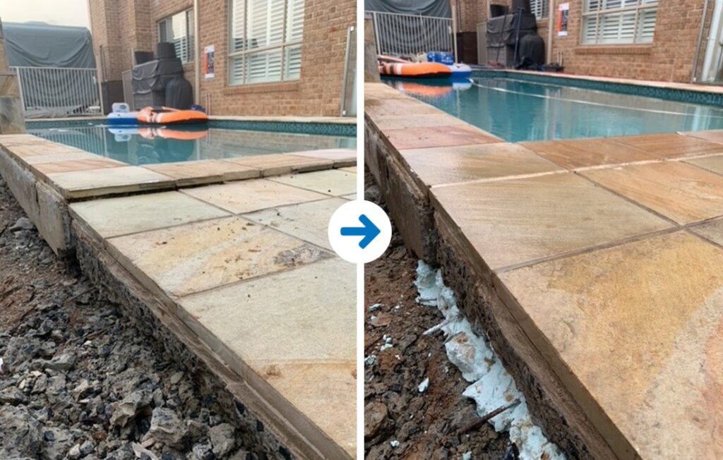 Before-and-after comparison of paving beside a swimming pool