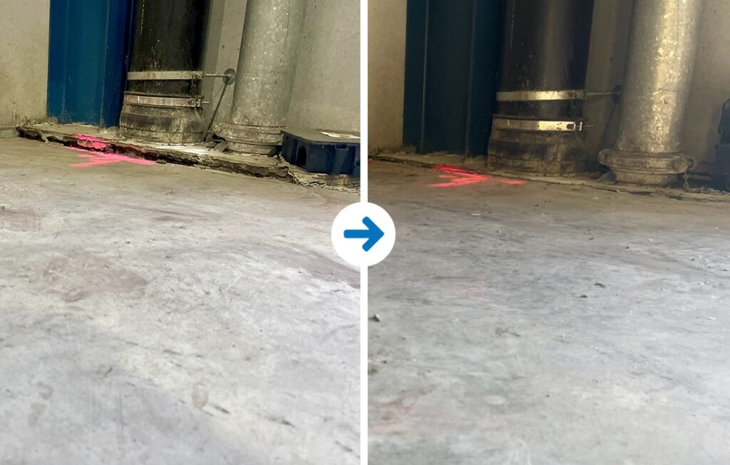 Before-and-after comparison of a concrete floor at a doorway