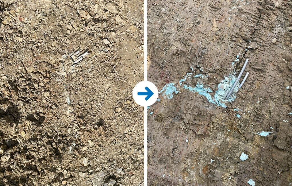 Ground before and after injection, showing resin around injection tubes